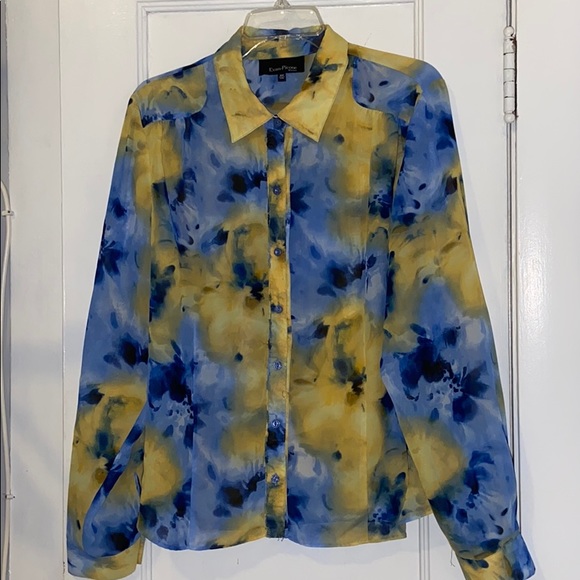 Blue & Yellow Floral Sheer Button Down Long Sleeve - Picture 1 of 6